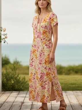 Liz Claiborne Linen Blend sz 12 Petite Beige Pink Cottagecore Floral Maxi Dress